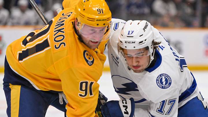 Oct 28, 2025; Nashville, Tennessee, USA; Nashville Predators center Steven Stamkos (91) and Tampa Bay Lightning center Dominic James (17) fight for position during a face-off during the first period at Bridgestone Arena. Mandatory Credit: Steve Roberts-Imagn Images Oct 28, 2025; Nashville, Tennessee, USA; Nashville Predators center Steven Stamkos (91) and Tampa Bay Lightning center Dominic James (17) fight for position during a face-off during the first period at Bridgestone Arena. Mandatory Credit: Steve Roberts-Imagn Images