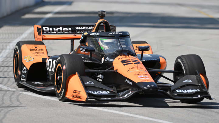 Jul 19, 2024; Toronto, Ontario, CAN; Arrow McLaren driver Pato O'Ward (5) during first round practice for the Honda Dealers Indy at Streets of Toronto. Mandatory Credit: Dan Hamilton-USA TODAY Sports