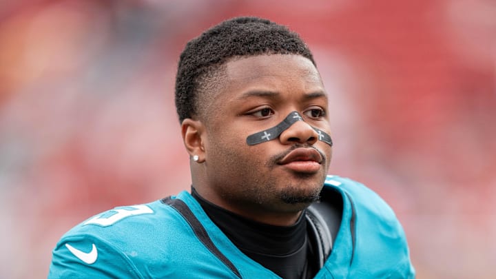 September 28, 2025; Santa Clara, California, USA; Jacksonville Jaguars cornerback Tyson Campbell (3) after the game against the San Francisco 49ers at Levi's Stadium. 