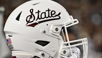 Nov 11, 2023; College Station, Texas, USA; Mississippi State Bulldogs helmet on the sideline during the game against the Texas A&M Aggies at Kyle Field. Mandatory Credit: Maria Lysaker-Imagn Images