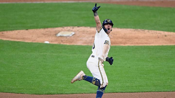 Oct 24, 2026; Milwaukee, Wisconsin, USA;  Milwaukee Brewers outfielder Sal Frelick (10) reacts while running the bases after hitting a solo home run against the Tampa Bay Rays during the sixth inning in game two of the 2026 World Series at American Family Field.  Mandatory Credit: Matt Marton-Imagn Images