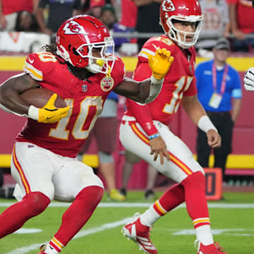 Sep 5, 2024; Kansas City, Missouri, USA; Kansas City Chiefs running back Isiah Pacheco (10) runs the ball against the Baltimore Ravens during the second half at GEHA Field at Arrowhead Stadium. Mandatory Credit: Denny Medley-Imagn Images