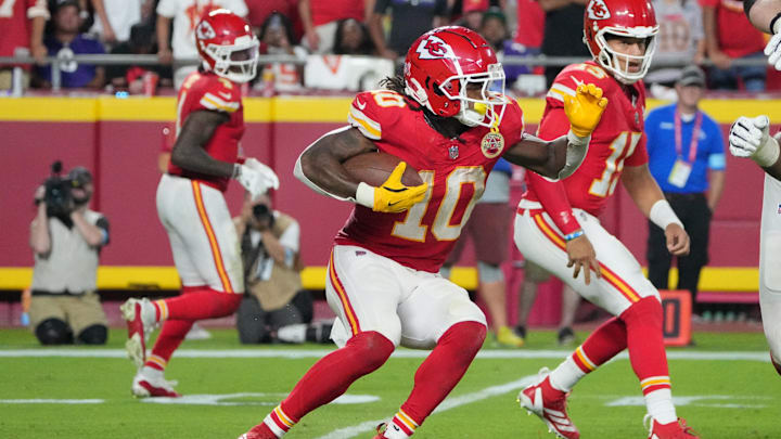 Sep 5, 2024; Kansas City, Missouri, USA; Kansas City Chiefs running back Isiah Pacheco (10) runs the ball against the Baltimore Ravens during the second half at GEHA Field at Arrowhead Stadium. Mandatory Credit: Denny Medley-Imagn Images