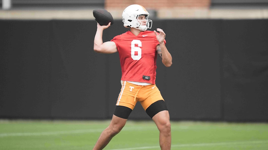 Tennessee quarterback Joey Aguilar (6) during Tennessee football preseason practice, in Knoxville, Tennessee, July 31, 2025.