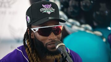 Aaron Jones speaks at a press conference before their third annual A&A All the Way Softball Charity Game at the Southwest University Park in El Paso, TX, on Thursday, June 27, 2024.