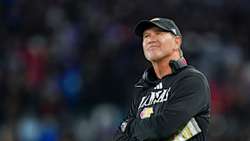 Sep 13, 2024; Kansas City, Kansas, USA; Kansas Jayhawks head coach Lance Leipold reacts during the second half against the UNLV Rebels at Children's Mercy Park. 