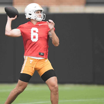 Tennessee quarterback Joey Aguilar (6) during Tennessee football preseason practice, in Knoxville, Tennessee, July 31, 2025.