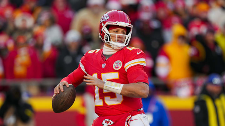Dec 14, 2025; Kansas City, Missouri, USA; Kansas City Chiefs quarterback Patrick Mahomes (15) throws a pass during the second half against the Los Angeles Chargers at GEHA Field at Arrowhead Stadium. Mandatory Credit: Jay Biggerstaff-Imagn Images