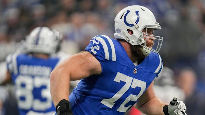 Indianapolis Colts offensive tackle Braden Smith (72) moves on the field Saturday, Jan. 6, 2024, during a game against the Houston Texans at Lucas Oil Stadium in Indianapolis.