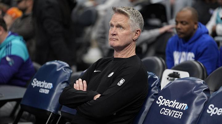 Charlotte, North Carolina, USA; Golden State Warriors head coach Steve Kerr during the first quarter against the Charlotte Hornets at Spectrum Center. Mandatory Credit: Jim Dedmon-Imagn Images