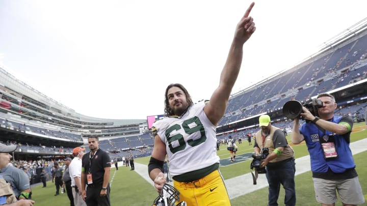 Sep 10, 2023; Chicago, Illinois, USA; Green Bay Packers offensive tackle David Bakhtiari (69) celebrates a victory against the Chicago Bears during their football game at Soldier Field. Mandatory Credit: Dan Powers-USA TODAY Sports