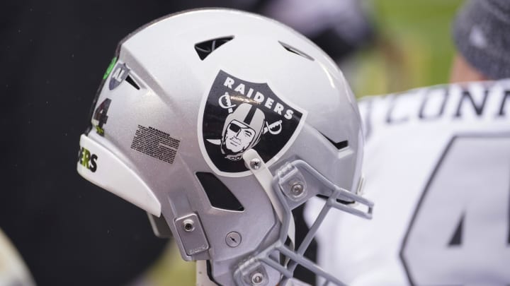 Dec 25, 2023; Kansas City, Missouri, USA; A general view of a Las Vegas Raiders helmet against the Kansas City Chiefs prior to a game at GEHA Field at Arrowhead Stadium. Mandatory Credit: Denny Medley-USA TODAY Sports