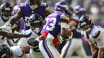 Aug 9, 2025; Minneapolis, Minnesota, USA; Houston Texans cornerback Myles Bryant (27) tackles Minnesota Vikings wide receiver Silas Bolden (83) during the fourth quarter at U.S. Bank Stadium. Mandatory Credit: Jeffrey Becker-Imagn Images