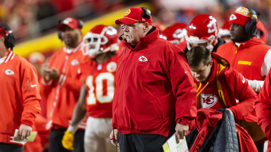 Jan 26, 2025; Kansas City, MO, USA; Kansas City Chiefs head coach Andy Reid against the Buffalo Bills during the AFC Championship game at GEHA Field at Arrowhead Stadium.