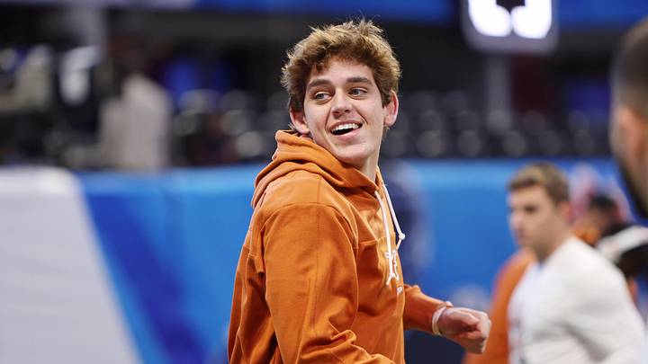 Jan 1, 2025; Atlanta, GA, USA; Texas Longhorns quarterback Arch Manning (16) warms up before the Peach Bowl at Mercedes-Benz Stadium.