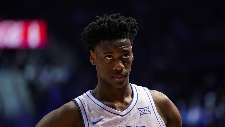 Mar 7, 2026; Provo, Utah, USA; BYU Cougars forward AJ Dybantsa (3) looks on during the first half against the Texas Tech Red Raiders at Marriott Center. Mandatory Credit: Aaron Baker-Imagn Images 