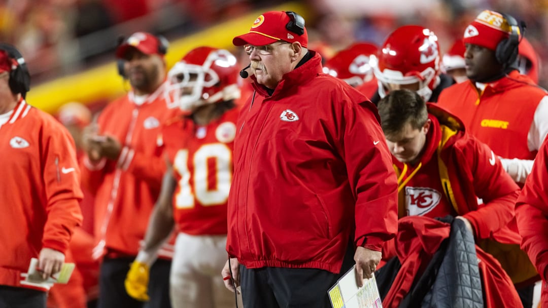 Jan 26, 2025; Kansas City, MO, USA; Kansas City Chiefs head coach Andy Reid against the Buffalo Bills during the AFC Championship game at GEHA Field at Arrowhead Stadium.