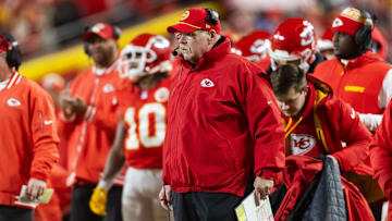 Jan 26, 2025; Kansas City, MO, USA; Kansas City Chiefs head coach Andy Reid against the Buffalo Bills during the AFC Championship game at GEHA Field at Arrowhead Stadium.