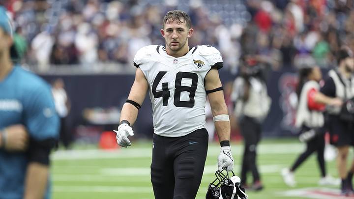 Sep 29, 2024; Houston, Texas, USA; Jacksonville Jaguars linebacker Chad Muma (48) after the game against the Houston Texans at NRG Stadium. Mandatory Credit: Troy Taormina-Imagn Images