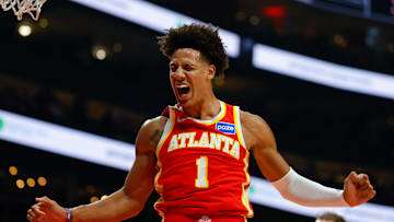 Hawks forward Jalen Johnson (1) reacts during game against the Toronto Raptors. 