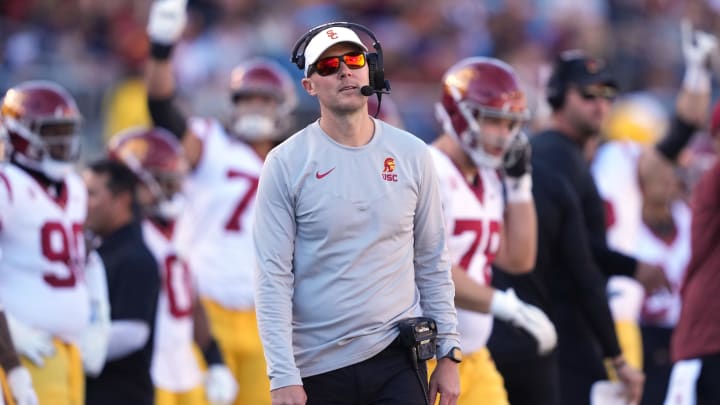 Oct 28, 2023; Berkeley, California, USA; USC Trojans head coach Lincoln Riley reacts after a penalty during the third quarter against the California Golden Bears at California Memorial Stadium. 