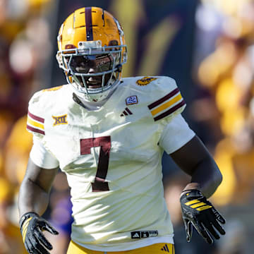 Oct 18, 2025; Tempe, Arizona, USA; Arizona State Sun Devils tight end Chamon Metayer (7) against the Texas Tech Red Raiders at Mountain America Stadium. Mandatory Credit: Mark J. Rebilas-Imagn Images