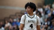 Jan 4, 2025; Gilbert, AZ, USA; Notre Dame High School (CA) forward Tyran Stokes (4) against Sandra Day O'Connor (AZ) during the Hoophall West High School Invitational at Highland High School. Mandatory Credit: Mark J. Rebilas-Imagn Images
