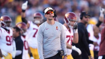 Oct 28, 2023; Berkeley, California, USA; USC Trojans head coach Lincoln Riley reacts after a penalty during the third quarter against the California Golden Bears at California Memorial Stadium. Mandatory Credit: Darren Yamashita-USA TODAY Sports