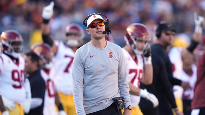 Oct 28, 2023; Berkeley, California, USA; USC Trojans head coach Lincoln Riley reacts after a penalty during the third quarter against the California Golden Bears at California Memorial Stadium. Mandatory Credit: Darren Yamashita-USA TODAY Sports