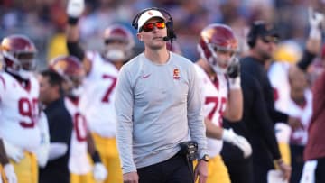 Oct 28, 2023; Berkeley, California, USA; USC Trojans head coach Lincoln Riley reacts after a penalty during the third quarter against the California Golden Bears at California Memorial Stadium. Mandatory Credit: Darren Yamashita-USA TODAY Sports