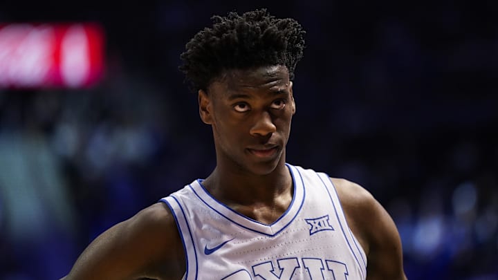 Mar 7, 2026; Provo, Utah, USA; BYU Cougars forward AJ Dybantsa (3) looks on during the first half against the Texas Tech Red Raiders at Marriott Center. Mandatory Credit: Aaron Baker-Imagn Images 