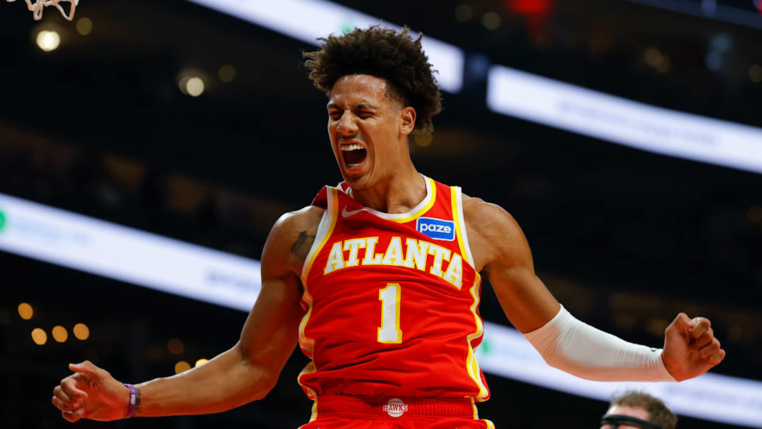 Hawks forward Jalen Johnson (1) reacts during a game against the Toronto Raptors. 