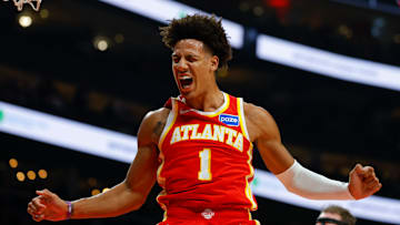 Hawks forward Jalen Johnson (1) reacts during a game against the Toronto Raptors. 