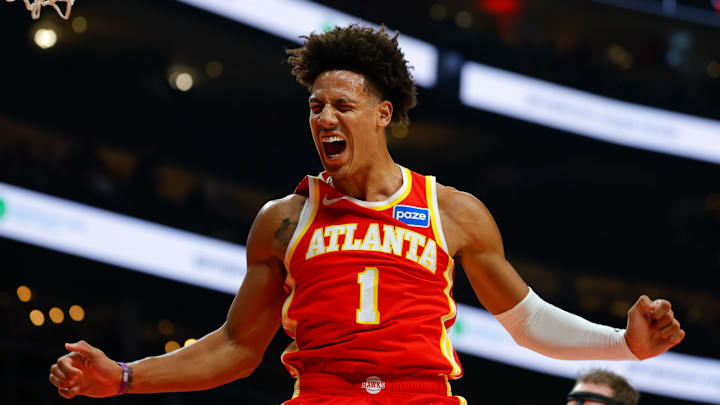 Hawks forward Jalen Johnson (1) reacts during a game against the Toronto Raptors. 