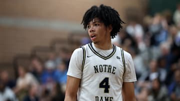 Jan 4, 2025; Gilbert, AZ, USA; Notre Dame High School (CA) forward Tyran Stokes (4) against Sandra Day O'Connor (AZ) during the Hoophall West High School Invitational at Highland High School. Mandatory Credit: Mark J. Rebilas-Imagn Images