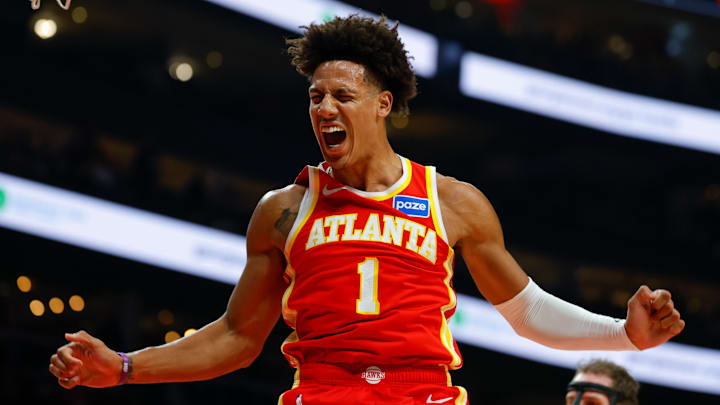 Jalen Johnson reacts after a violent slam against the Toronto Raptors.