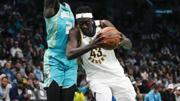 Feb 4, 2024; Charlotte, North Carolina, USA;  Indiana Pacers forward Pascal Siakam (43) drives to the basket against Charlotte Hornets forward JT Thor (21) during the second half at Spectrum Center. Mandatory Credit: Jim Dedmon-USA TODAY Sports