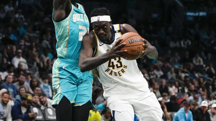 Feb 4, 2024; Charlotte, North Carolina, USA;  Indiana Pacers forward Pascal Siakam (43) drives to the basket against Charlotte Hornets forward JT Thor (21) during the second half at Spectrum Center. Mandatory Credit: Jim Dedmon-USA TODAY Sports