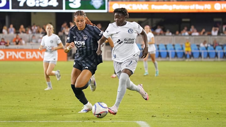 Bay FC forward Princess Marfo (7) dribbles the ball during Bay FC's 3-0 loss to the Washington Spirit at PayPal Park. Bay FC forward Princess Marfo (7) dribbles the ball during Bay FC's 3-0 loss to the Washington Spirit at PayPal Park.