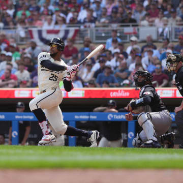 Aug 11, 2024; Minneapolis, Minnesota, USA; Minnesota Twins center fielder Byron Buxton (25) hits into a fielder’s choice during the sixth inning against the Cleveland Guardians at Target Field. Mandatory Credit: Jordan Johnson-USA TODAY Sports