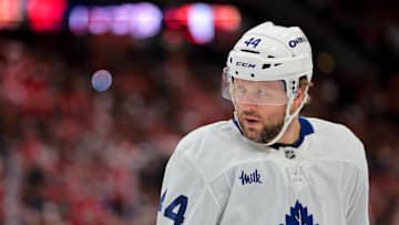 May 16, 2025; Sunrise, Florida, USA; Toronto Maple Leafs defenseman Morgan Rielly (44) looks on against the Florida Panthers during the first period in game six of the second round of the 2025 Stanley Cup Playoffs at Amerant Bank Arena. Mandatory Credit: Sam Navarro-Imagn Images