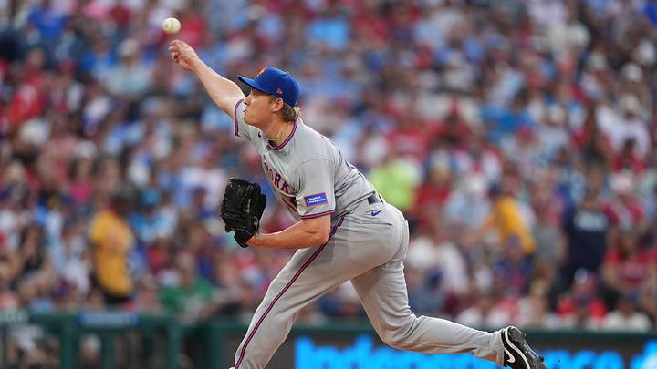 Jun 20, 2025; Philadelphia, Pennsylvania, USA; New York Mets starting pitcher Blade Tidwell (40) throws a pitch against the Philadelphia Phillies in the first inning at Citizens Bank Park. Mandatory Credit: Kyle Ross-Imagn Images