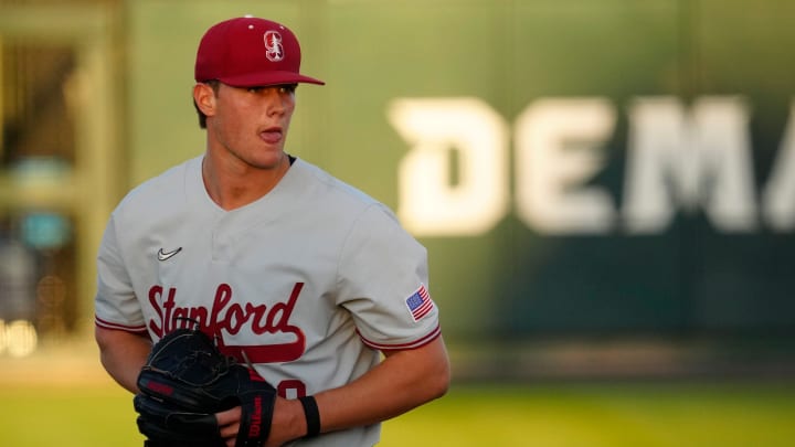 Matt Scott (28) of Stanford pitches against Arizona State University during a game at Phoenix Municipal Stadium on May 6, 2023.