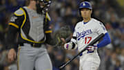 Apr 25, 2025; Los Angeles, California, USA;  Los Angeles Dodgers designated hitter Shohei Ohtani (17) at bat in the sixth against the Pittsburgh Pirates at Dodger Stadium. Mandatory Credit: Jayne Kamin-Oncea-Imagn Images