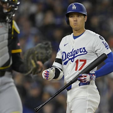 Apr 25, 2025; Los Angeles, California, USA;  Los Angeles Dodgers designated hitter Shohei Ohtani (17) at bat in the sixth against the Pittsburgh Pirates at Dodger Stadium. Mandatory Credit: Jayne Kamin-Oncea-Imagn Images