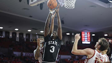 Feb 22, 2025; Norman, Oklahoma, USA; Mississippi State Bulldogs forward KeShawn Murphy (3) goes up for a basket agaisnt the Oklahoma Sooners during the first half at Lloyd Noble Center. Mandatory Credit: Alonzo Adams-Imagn Images