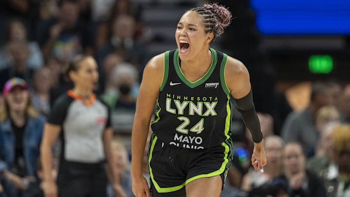 Sep 14, 2025; Minneapolis, Minnesota, USA; Minnesota Lynx forward Napheesa Collier (24) celebrates making a shot against the Golden State Valkyries in the second half during game one of round one for the 2025 WNBA Playoffs at Target Center. Mandatory Credit: Jesse Johnson-Imagn Images Sep 14, 2025; Minneapolis, Minnesota, USA; Minnesota Lynx forward Napheesa Collier (24) celebrates making a shot against the Golden State Valkyries in the second half during game one of round one for the 2025 WNBA Playoffs at Target Center. Mandatory Credit: Jesse Johnson-Imagn Images