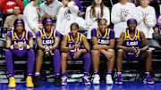 Jan 19, 2025; Gainesville, Florida, USA; LSU Tigers forward Sa'Myah Smith (5), LSU Tigers guard Aneesah Morrow (24), LSU Tigers guard Shayeann Day-Wilson (50), LSU Tigers guard Mikaylah Williams (12) and LSU Tigers guard Flau'Jae Johnson (4) wait to be introduced before a game against the Florida Gators at Exactech Arena at the Stephen C. O'Connell Center. Mandatory Credit: Matt Pendleton-Imagn Images