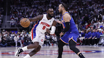 May 1, 2025; Detroit, Michigan, USA; Detroit Pistons forward Tim Hardaway Jr. (8) dribbles defended by New York Knicks guard Jalen Brunson (11) in the second half during game six of first round for the 2024 NBA Playoffs at Little Caesars Arena. Mandatory Credit: Rick Osentoski-Imagn Images