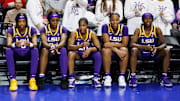 Jan 19, 2025; Gainesville, Florida, USA; LSU Tigers forward Sa'Myah Smith (5), LSU Tigers guard Aneesah Morrow (24), LSU Tigers guard Shayeann Day-Wilson (50), LSU Tigers guard Mikaylah Williams (12) and LSU Tigers guard Flau'Jae Johnson (4) wait to be introduced before a game against the Florida Gators at Exactech Arena at the Stephen C. O'Connell Center. Mandatory Credit: Matt Pendleton-Imagn Images